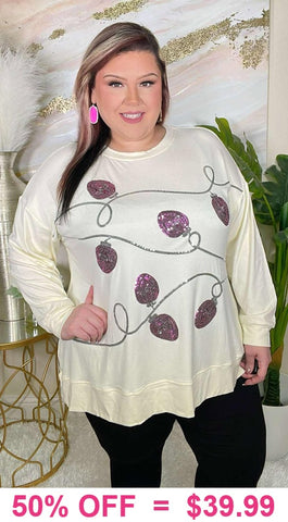 Cream Top with Sequin Christmas Lights