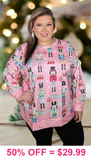 M, 2X, 3X : Pink Nutcracker Printed Long Sleeve Top
