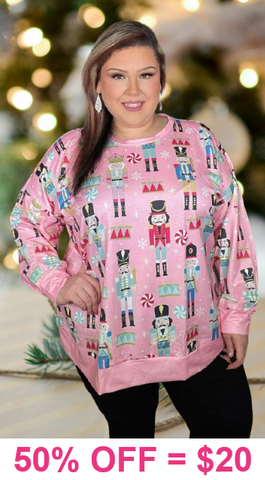3X : Pink Nutcracker Printed Long Sleeve Top
