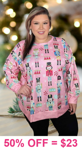 2X,3X : Pink Nutcracker Printed Long Sleeve Top