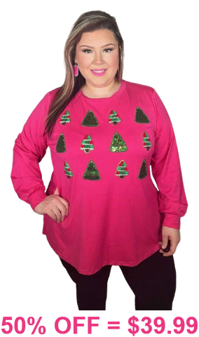 Hot Pink top with Sequin Christmas Trees