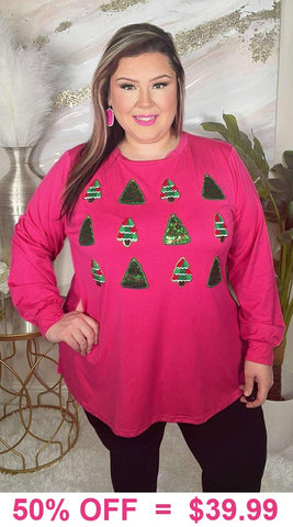Hot Pink top with Sequin Christmas Trees