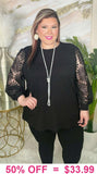Black Waffle Knit top with lace sleeves