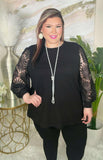 Black Waffle Knit top with lace sleeves