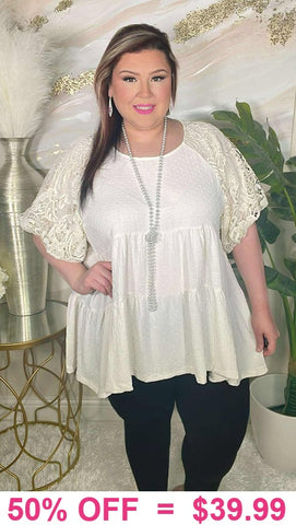 Cream layered baby doll top lace puff sleeve