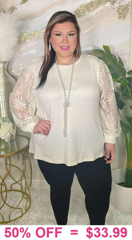 Cream Waffle Knit top with lace sleeves