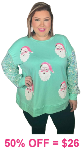 2X, 3X  : Sequin Santa Mint top