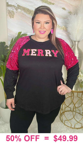 MERRY Hot Pink sequin long sleeve top