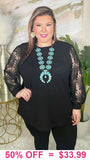 Black Waffle Knit top with lace sleeves