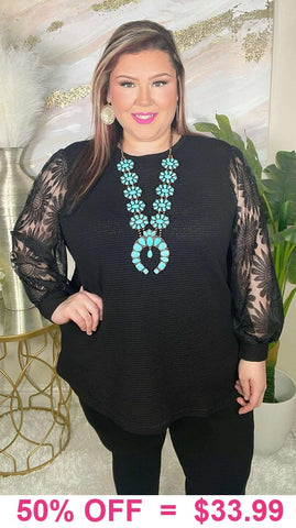 Black Waffle Knit top with lace sleeves