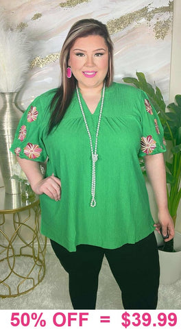 Green Blouse with embroidered puff sleeve