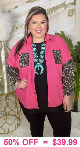 Pink Shacket with Sequin Leopard pockets