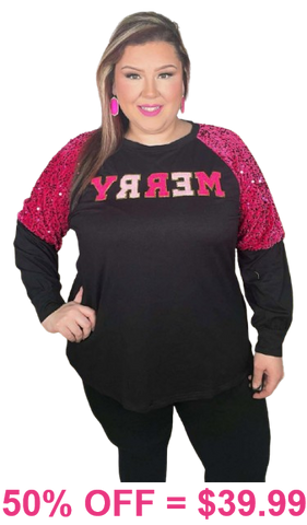 MERRY Hot Pink sequin long sleeve top