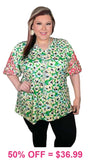 M, L, 2X, 3X Green Floral Blouse With Pink Embroidery Puff Sleeves