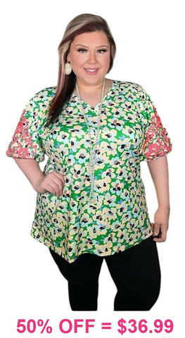 M, L, 2X, 3X Green Floral Blouse With Pink Embroidery Puff Sleeves