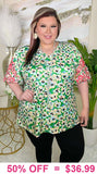 Green Floral Blouse With Pink Embroidery Puff Sleeves