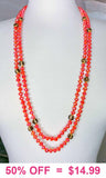 Orange & leopard crystal 70" layering necklace