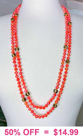 Orange & leopard crystal 70" layering necklace