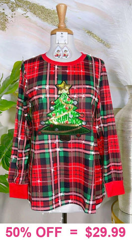 Sequin Christmas Tree Plaid Long sleeve top