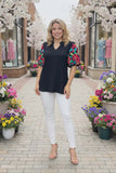3X Colorful embroidery sleeve Black blouse