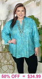 Turquoise V-Neck Long Sleeve Blouse