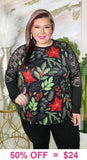 Christmas poinsettia top with Black lace sleeves