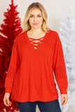Red waffle knit with lace insets and criss cross neck