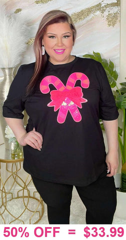 Pink Candy Cane sequin patch black top