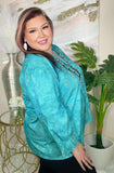 Turquoise V-Neck Long Sleeve Blouse