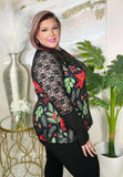 Christmas poinsettia top with Black lace sleeves