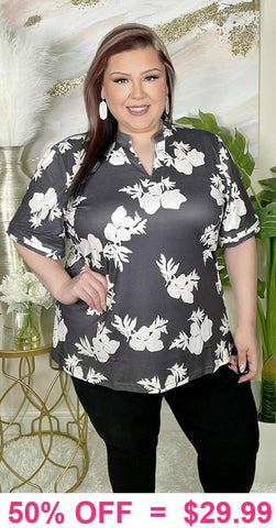 Grey top with white floral print