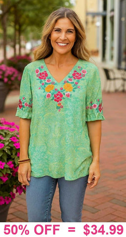 XL. 2X, 3X Green Blouse With Floral Embroidery