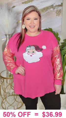 Fabulous HOLIDAY Pink Santa Top with  leopard sleeves