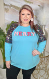 MERRY Blue long sleeve sequin shoulders