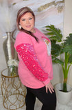 Pink SANTA fuzzy patch sweater sequin sleeves