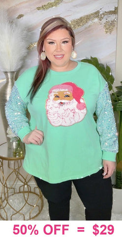 M, L, 2X: Mint SANTA Top with sequin sleeves