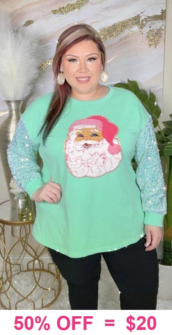 M,L,2X: Mint SANTA Top with sequin sleeves