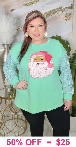 M,L,XL,2X: Mint SANTA Top with sequin sleeves