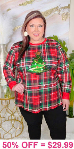 *Sequin Christmas Tree Plaid Long sleeve top