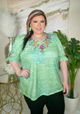 XL. 2X, 3X Green Blouse With Floral Embroidery