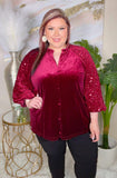 Burgundy Velvet blouse sequin puff sleeves