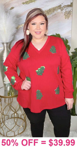 Sequin Trees Red sweater textured top