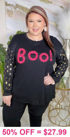 Pink fuzzy BOO top with gold polka dot sleeves