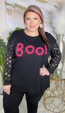 Pink fuzzy BOO top with gold polka dot sleeves
