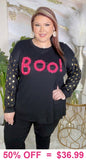 Pink fuzzy BOO top with gold polka dot sleeves