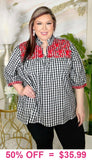 Plaid Baby Doll Top With Red Embroidery-OVERSIZED