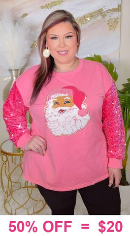2X : Pink SANTA fuzzy patch sweater sequin sleeves