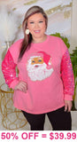 2X, 3X : Pink SANTA fuzzy patch sweater sequin sleeves