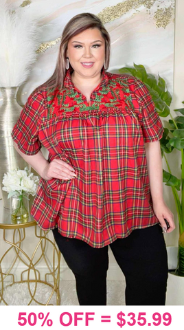 Red Plaid baby doll top with embroidery-OVERSIZED