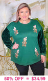 Gingerbread man patch top with Green Velvet / Sequin long sleeves